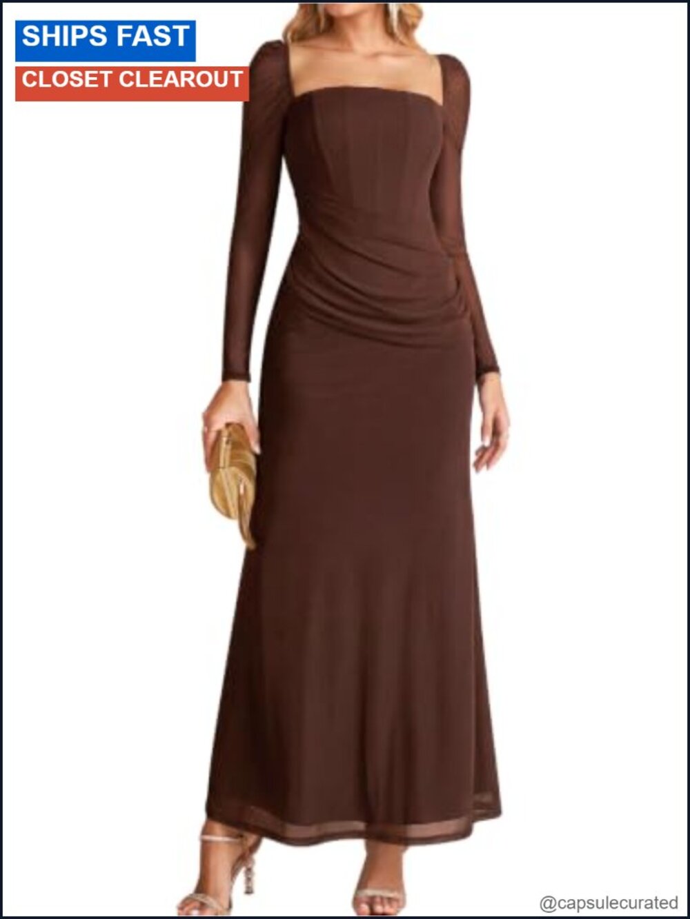 Bodycon Maxi Dress Long Sleeve Square Neck Formal Party Gown Ruched
